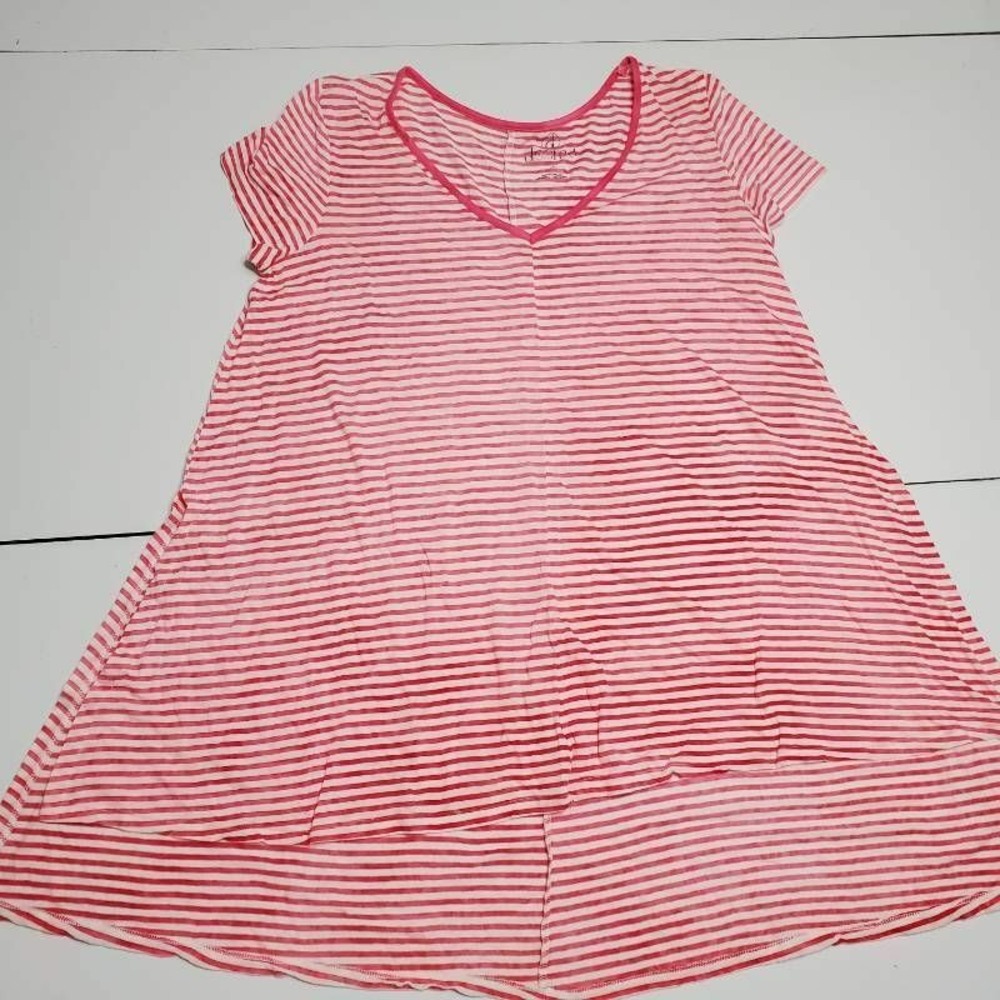 Decree Womens Tunic Top White Pink Striped V Neck High Low Slit Short Sleeve S